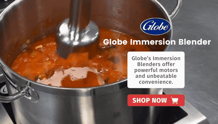 Globe immersion blender mixing orange liquid in a pot with text promoting its features.